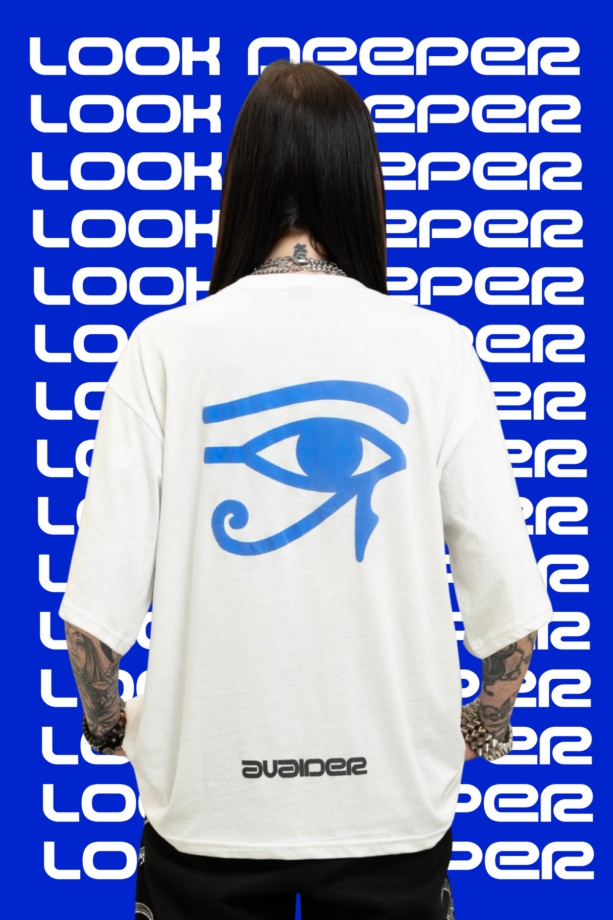 Look Deeper Box Fit Unisex T Shirt In White Blue And Black