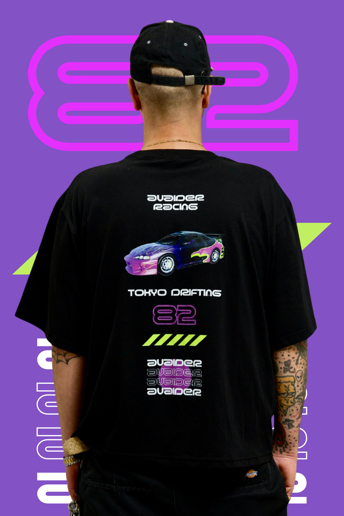 Racing Box Fit Unisex T Shirt In Black Purple And Neon