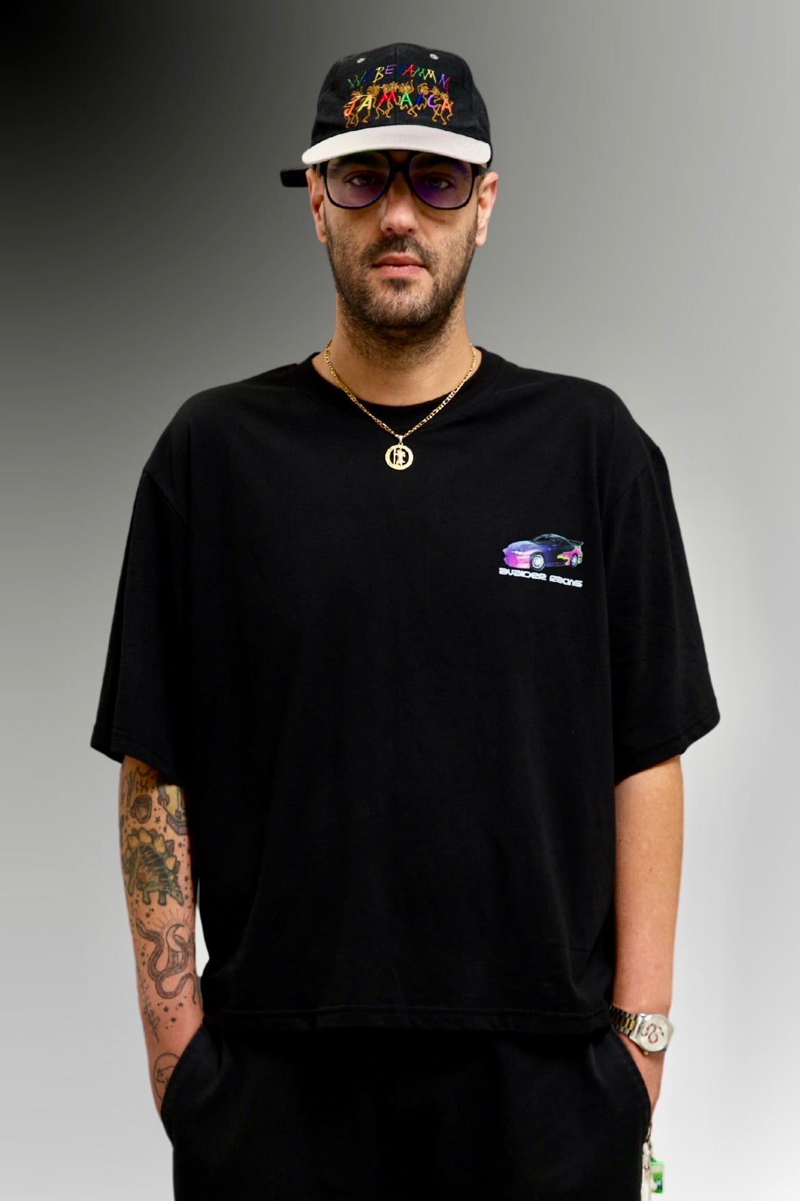 Racing Box Fit Unisex T Shirt In Black Purple And Neon