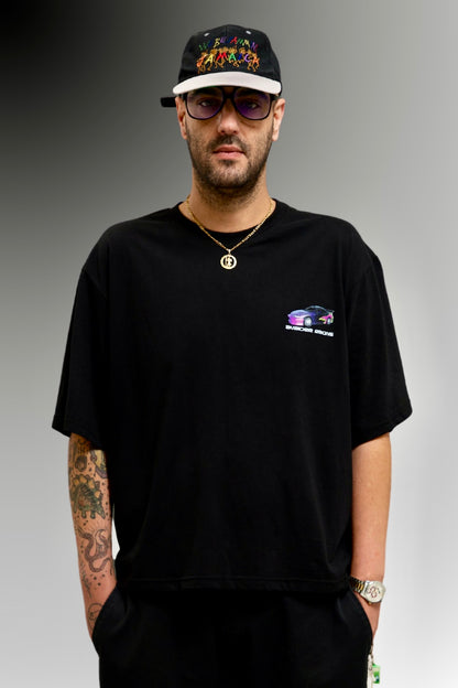 Racing Box Fit Unisex T Shirt In Black Purple And Neon