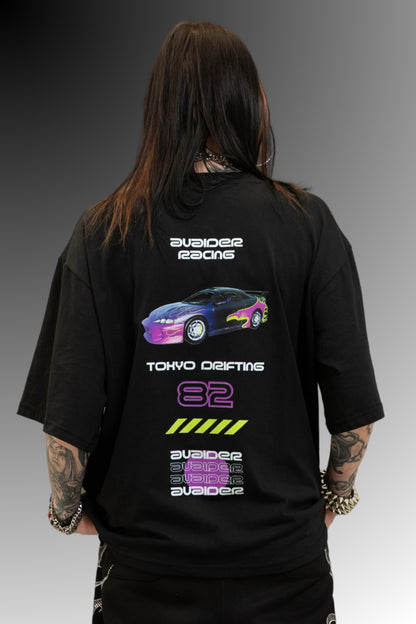 Racing Box Fit Unisex T Shirt In Black Purple And Neon
