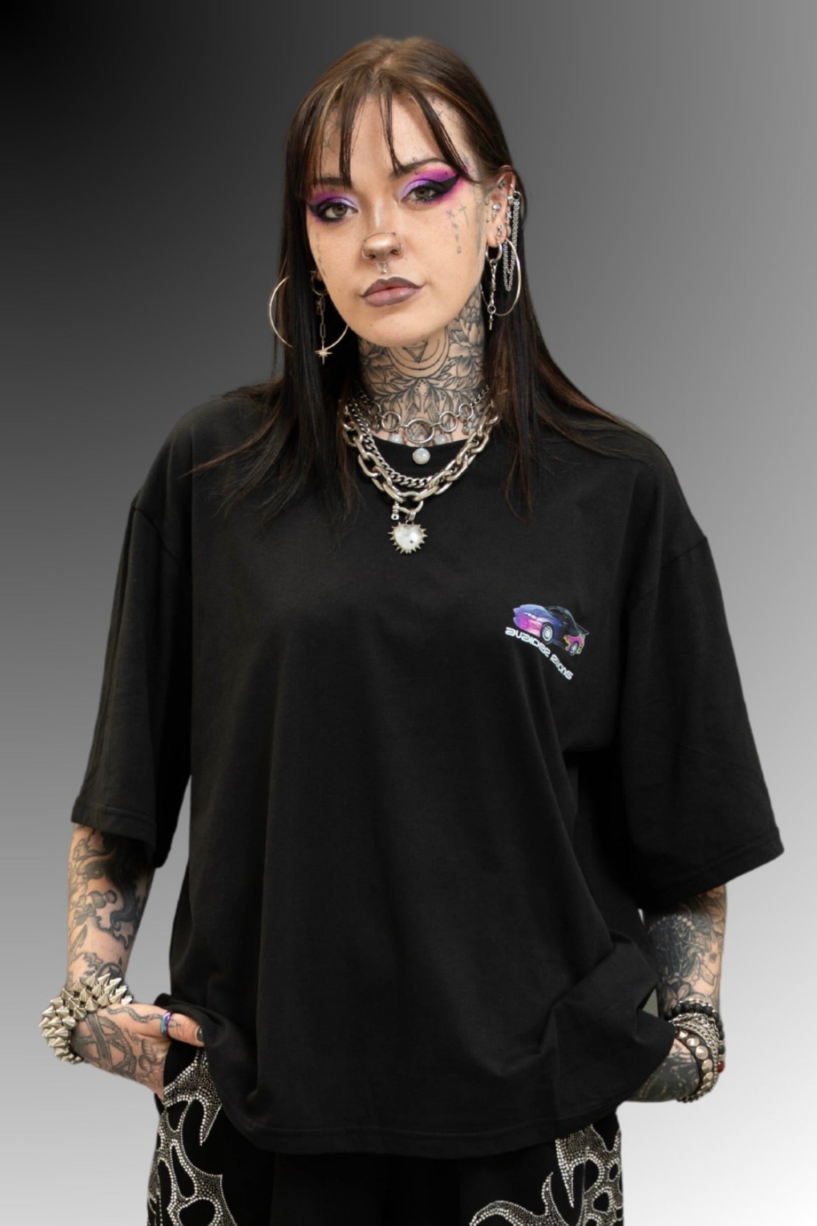 Racing Box Fit Unisex T Shirt In Black Purple And Neon
