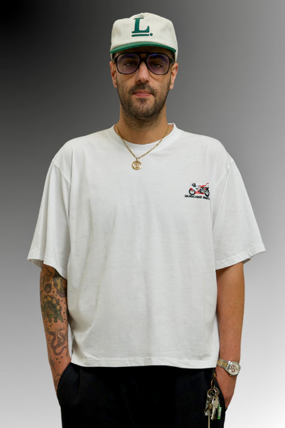 Racing Box Fit Unisex T Shirt In White Black And Red