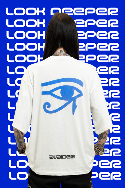 Look Deeper Box Fit Unisex T Shirt In White Blue And Black