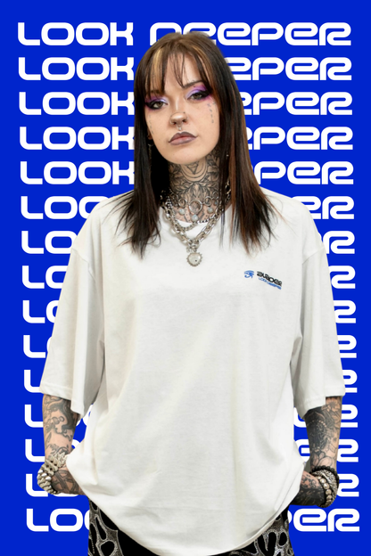 Look Deeper Box Fit Unisex T Shirt In White Blue And Black
