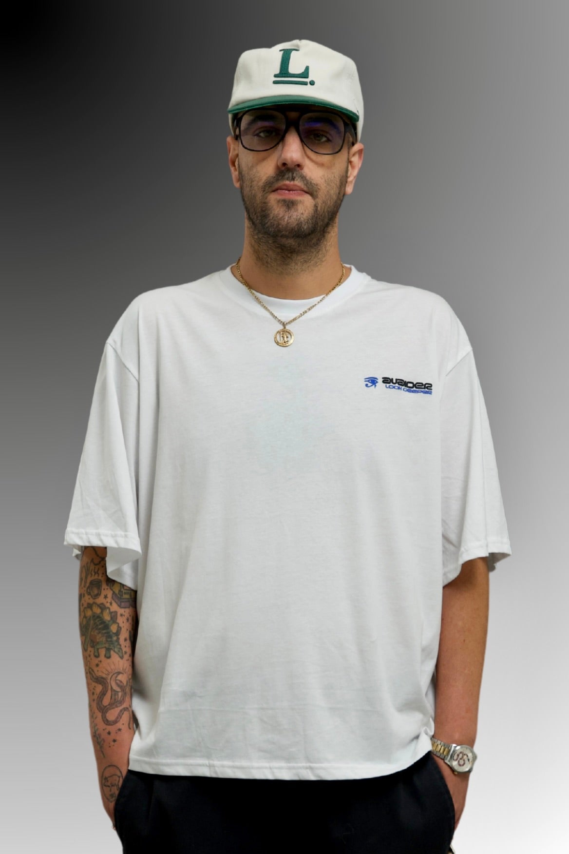 Look Deeper Box Fit Unisex T Shirt In White Blue And Black