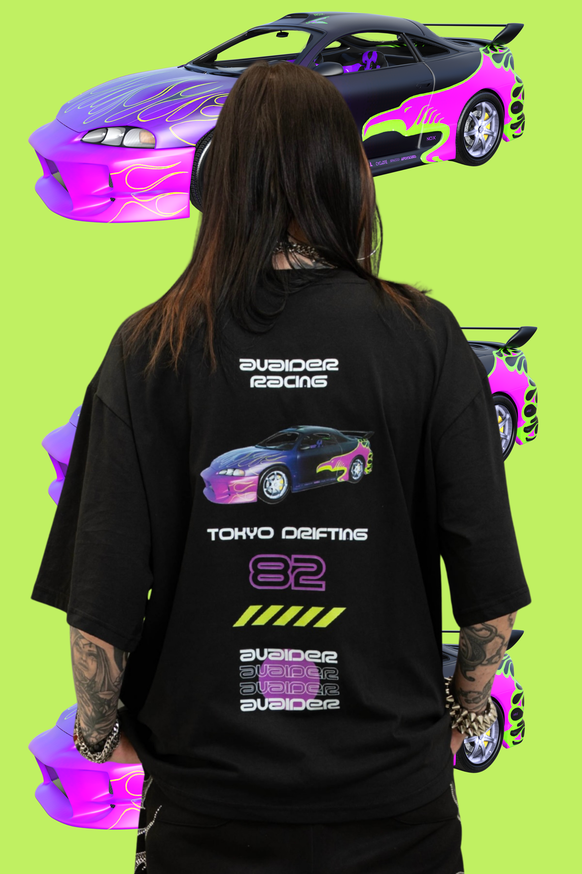 Racing Box Fit Unisex T Shirt In Black Purple And Neon