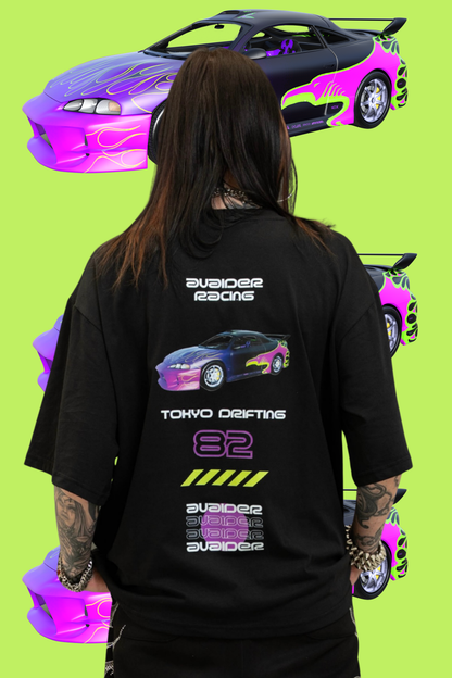 Racing Box Fit Unisex T Shirt In Black Purple And Neon