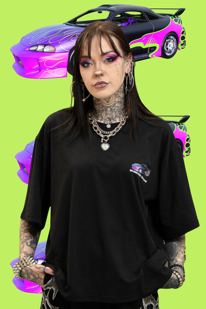 Racing Box Fit Unisex T Shirt In Black Purple And Neon