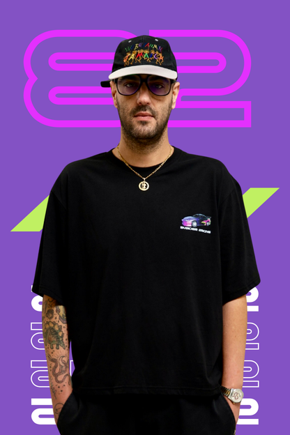 Racing Box Fit Unisex T Shirt In Black Purple And Neon