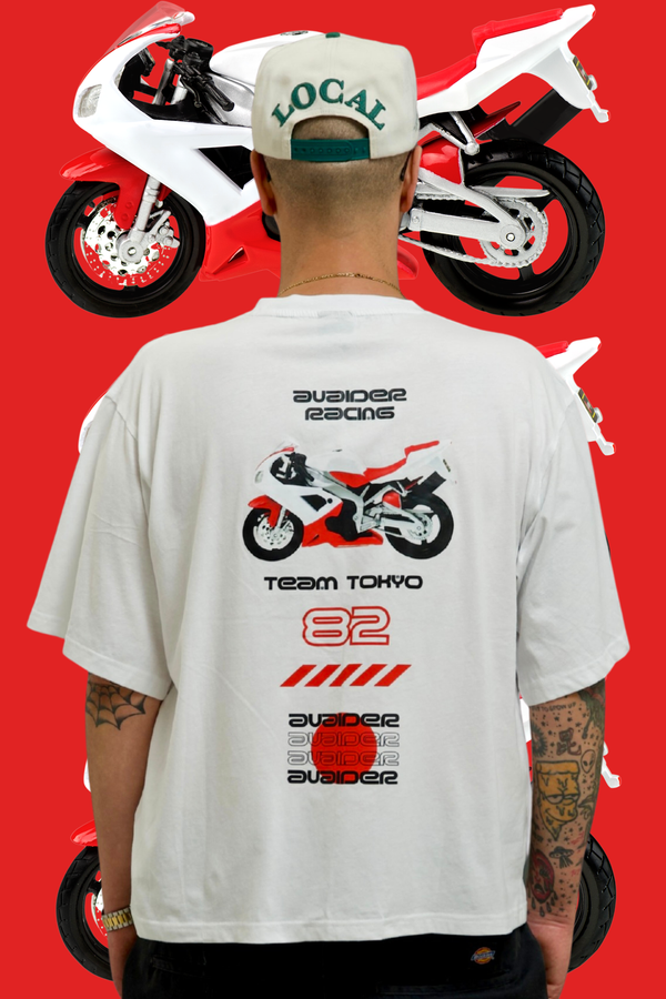 Racing Box Fit Unisex T Shirt In White Black And Red