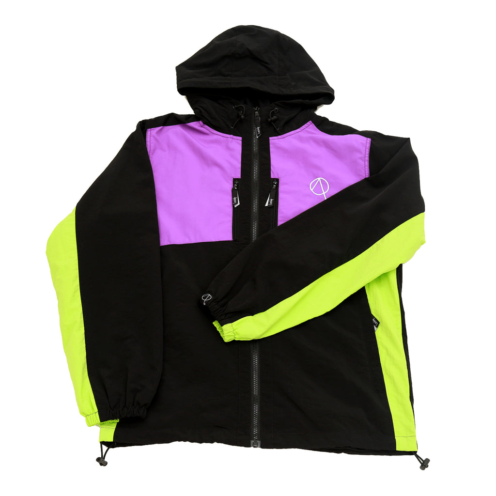 QUIGLEY WINDRUNNER JACKET IN BLACK PURPLE AND NEON